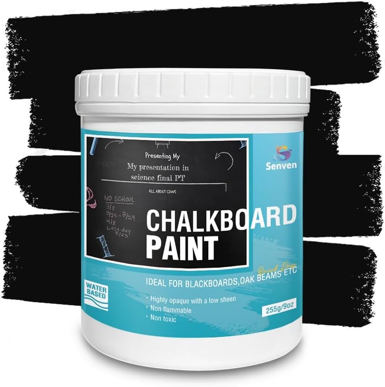 SENVEN Chalkboard Paint Black Chalk Board Paint for Wood, Metal, Glass, Wall, Plaster Boards Sign, Frame, Interior/Exterior, All-in-One Primer & Top Coat, Black Matte Finish, Acrylic, Non-Toxic, 250g, 9oz - Image 1